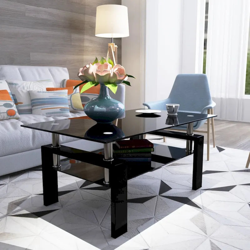 Rectangle Coffee Table Glass Tabletop with Lower Shelf