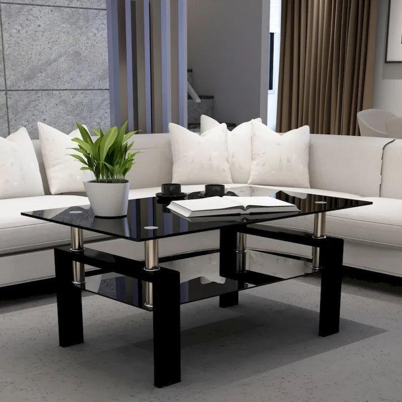 Rectangle Coffee Table Glass Tabletop with Lower Shelf