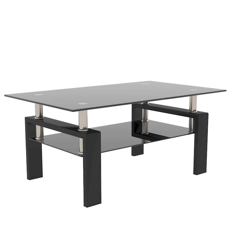 Rectangle Coffee Table Glass Tabletop with Lower Shelf