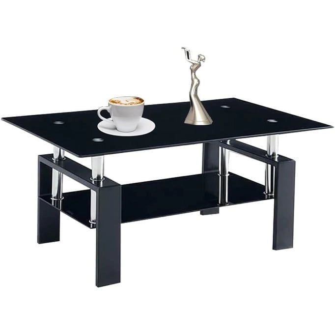 Rectangle Coffee Table Glass Tabletop with Lower Shelf