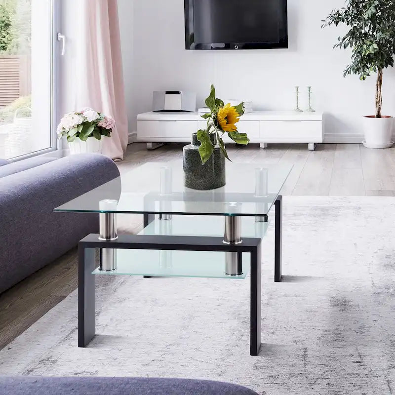 Rectangle Coffee Table Glass Tabletop with Lower Shelf
