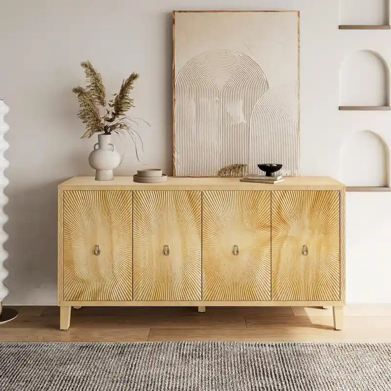 Vintage 4 Door Storage Cabinet, Carved Scatter Pattern Dining Sideboard, Large Buffet with Adjustable Shelves, Console Cabinet