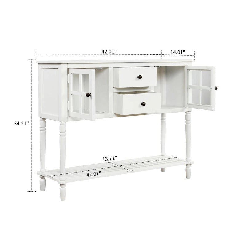 Vintage French Wooden Console Table with Two Glass Cabinet Doors