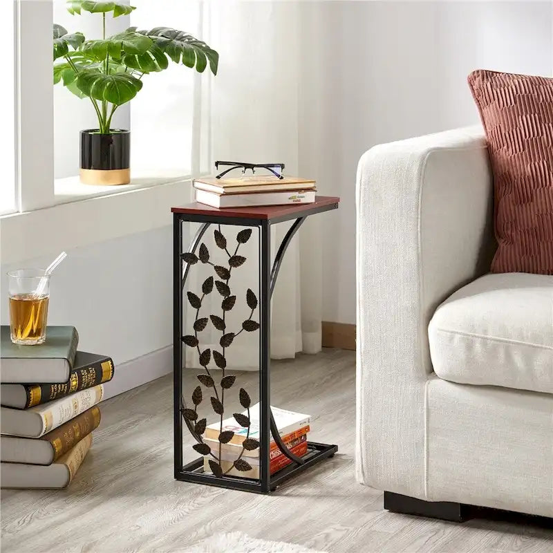 Yaheetech C-shaped Wood and Metal Leaf Pattern End Table, Set of 2