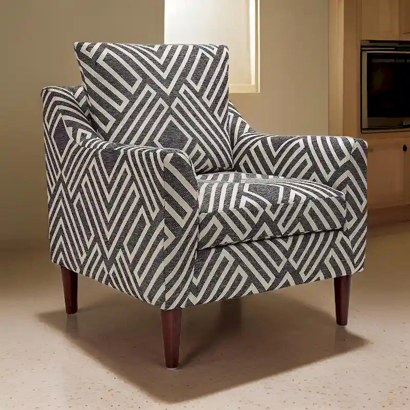 Morris Accent Chair, Gray, White Geometric Pattern, Polyester, Brown Wood