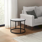 23 Inch Side End Table, Modern Round White Natural Marble Top, Classic Black Iron Frame