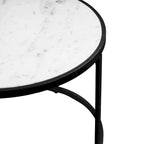 23 Inch Side End Table, Modern Round White Natural Marble Top, Classic Black Iron Frame