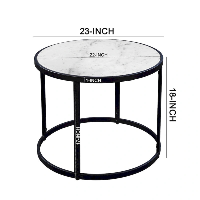 23 Inch Side End Table, Modern Round White Natural Marble Top, Classic Black Iron Frame