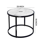 23 Inch Side End Table, Modern Round White Natural Marble Top, Classic Black Iron Frame