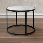 23 Inch Side End Table, Modern Round White Natural Marble Top, Classic Black Iron Frame