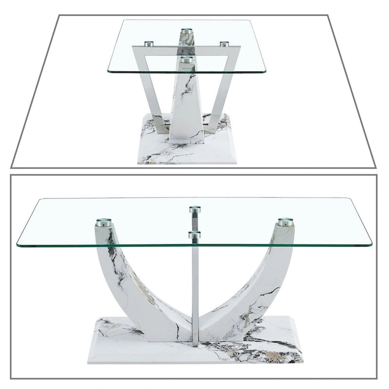 Modern Stylish Rectangular Coffee Table with Glass Top and Wooden Base
