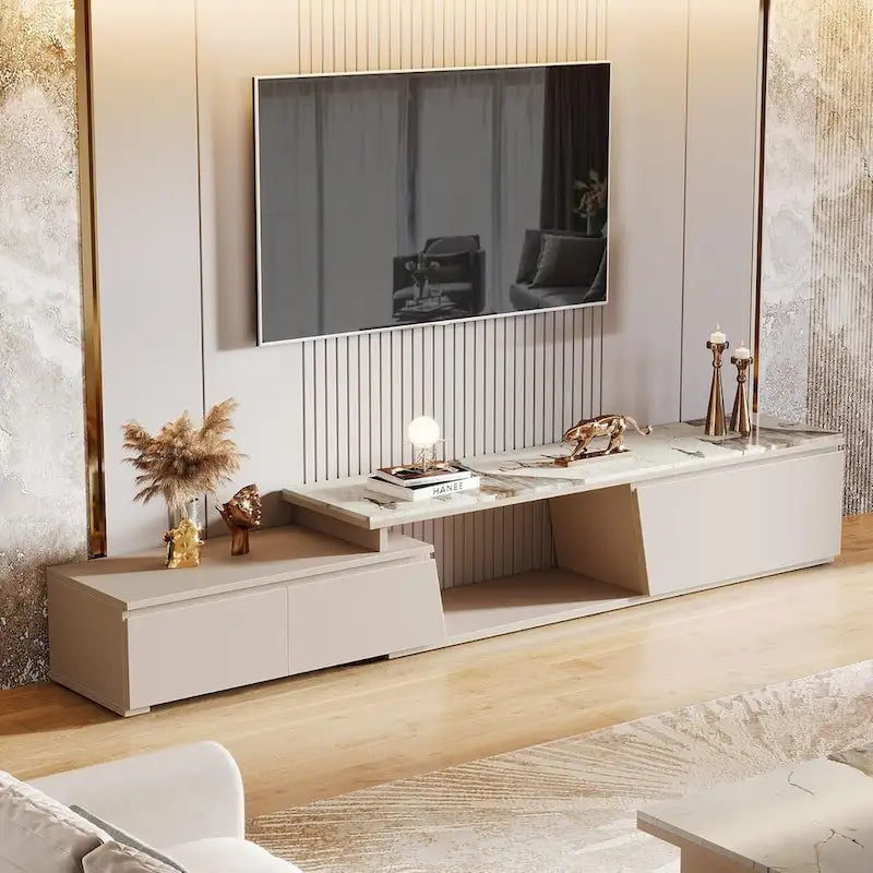 70.9  W - 105  W Extendable TV Stand, Extra Long Modern Entertainment Center with 3 Drawers