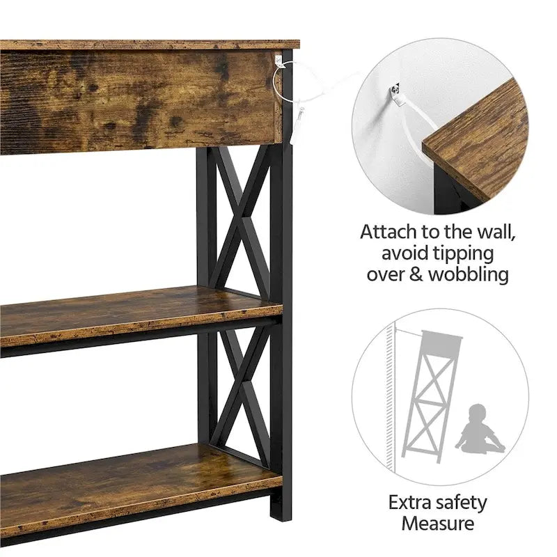 Yaheetech Vintage Wooden Console Table with Power Outlet Sofa Table with 1 Drawer and 2 Open Shelves