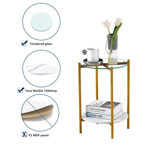 2 Tier Round Side Table with Tempered Glass Modern End Tables
