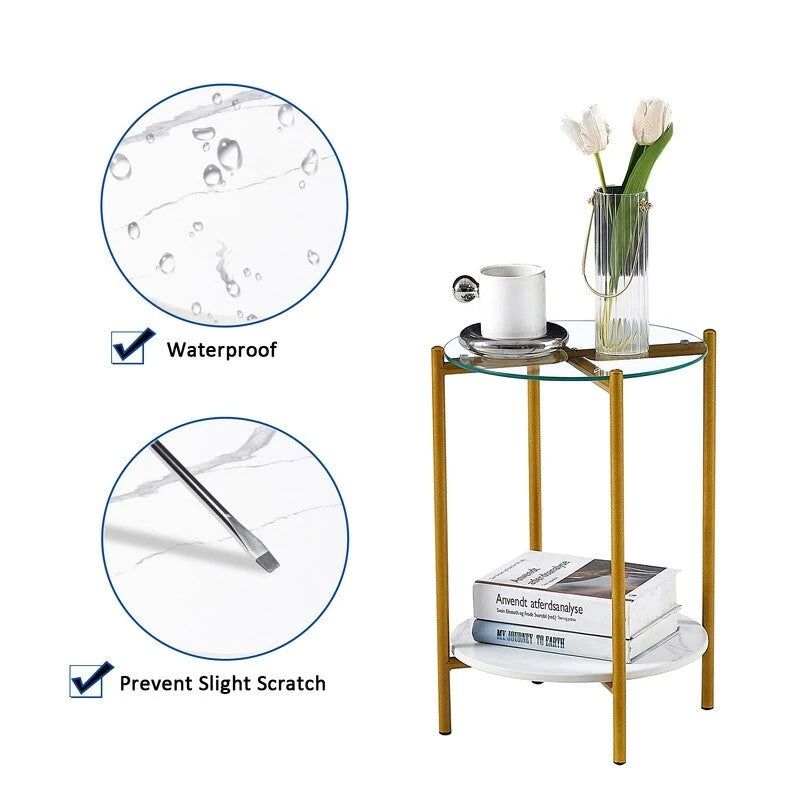 2 Tier Round Side Table with Tempered Glass Modern End Tables