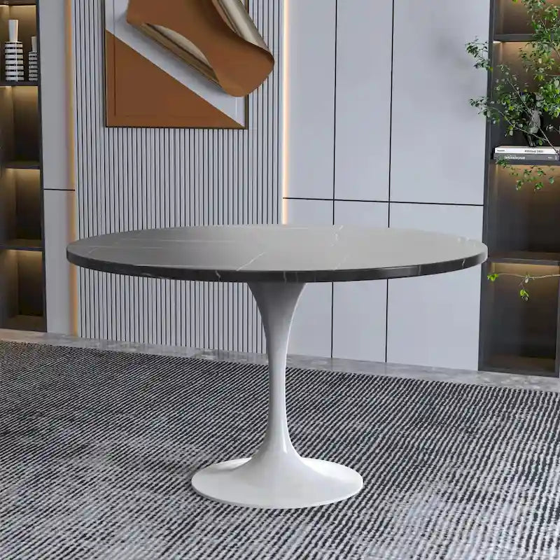 LeisureMod Verve 48  Round Dining Table with Stone TableTop and White Steel Base for Kitchen & Dining Room