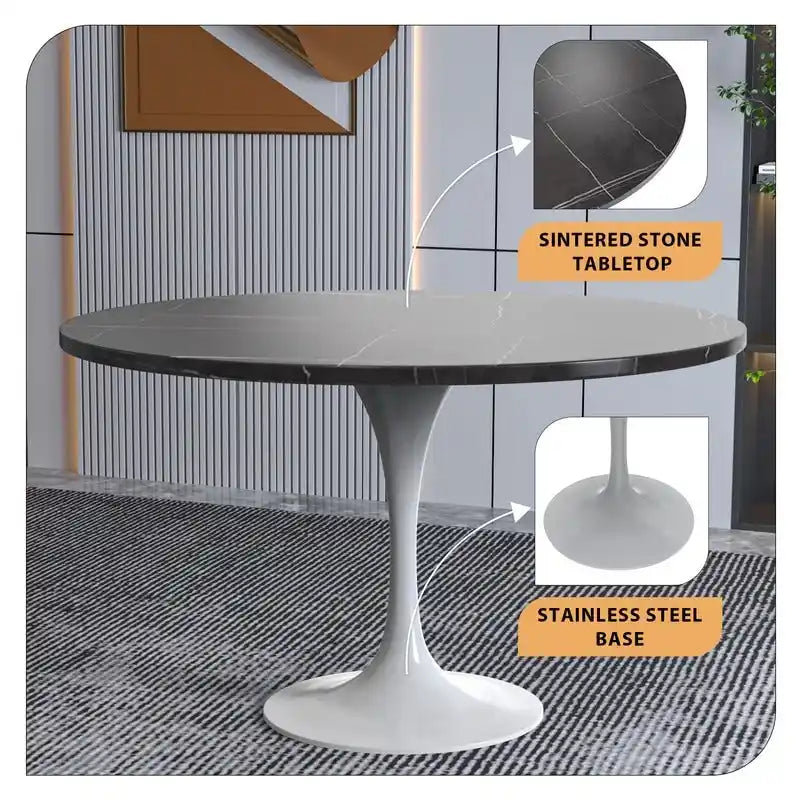 LeisureMod Verve 48  Round Dining Table with Stone TableTop and White Steel Base for Kitchen & Dining Room