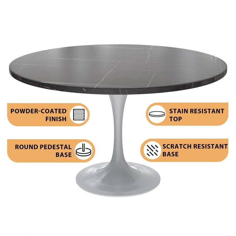 LeisureMod Verve 48  Round Dining Table with Stone TableTop and White Steel Base for Kitchen & Dining Room