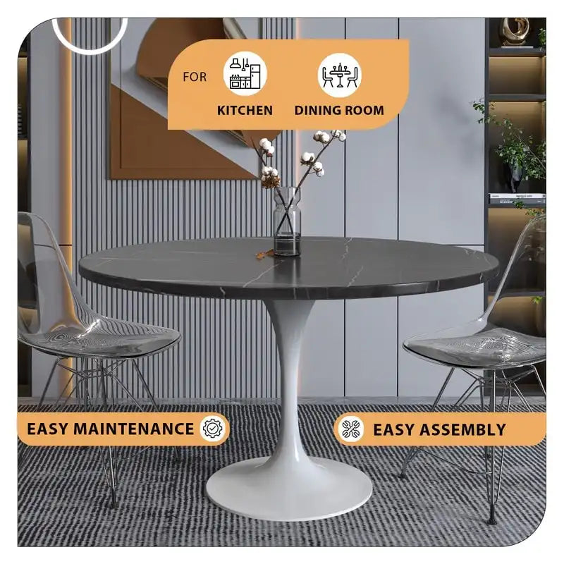 LeisureMod Verve 48  Round Dining Table with Stone TableTop and White Steel Base for Kitchen & Dining Room