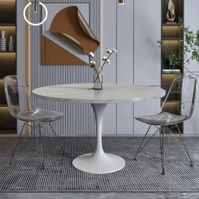 LeisureMod Verve 48  Round Dining Table with Stone TableTop and White Steel Base for Kitchen & Dining Room
