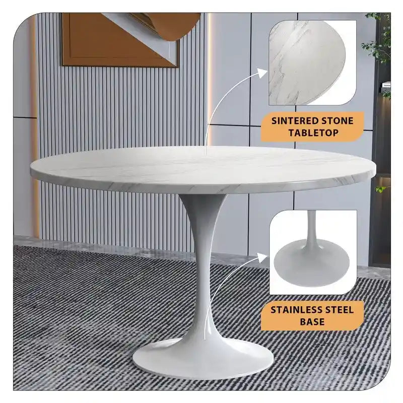 LeisureMod Verve 48  Round Dining Table with Stone TableTop and White Steel Base for Kitchen & Dining Room