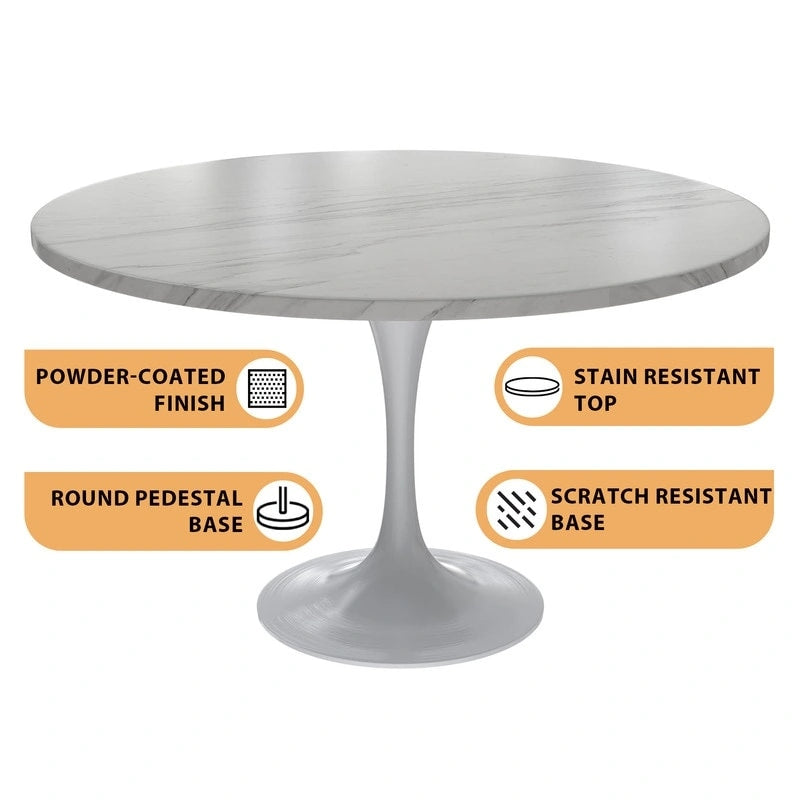 LeisureMod Verve 48  Round Dining Table with Stone TableTop and White Steel Base for Kitchen & Dining Room