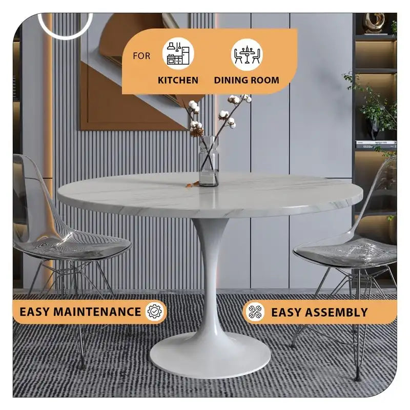 LeisureMod Verve 48  Round Dining Table with Stone TableTop and White Steel Base for Kitchen & Dining Room
