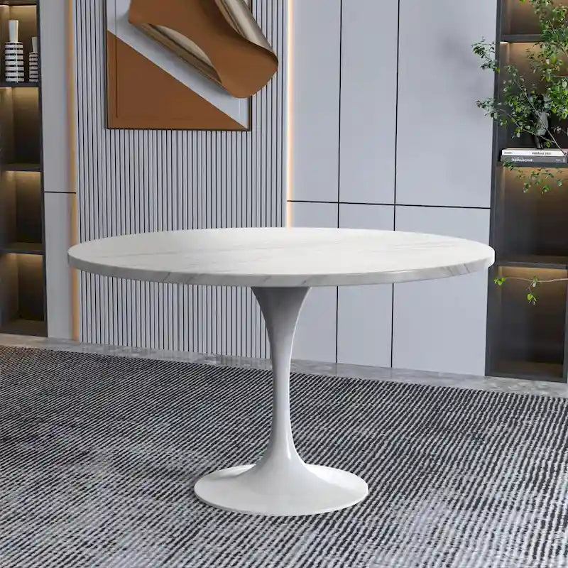 LeisureMod Verve 48  Round Dining Table with Stone TableTop and White Steel Base for Kitchen & Dining Room