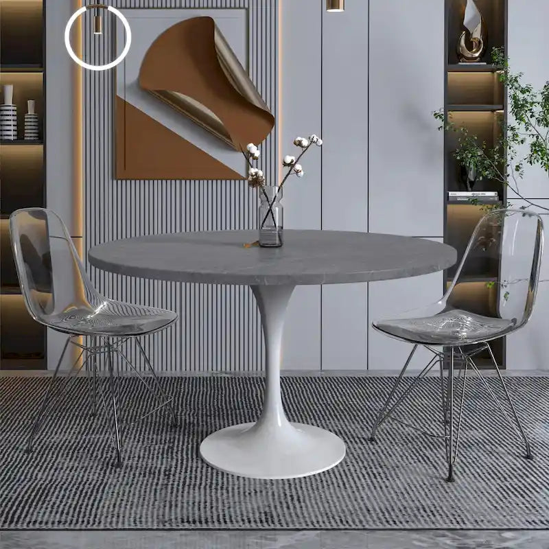 LeisureMod Verve 48  Round Dining Table with Stone TableTop and White Steel Base for Kitchen & Dining Room