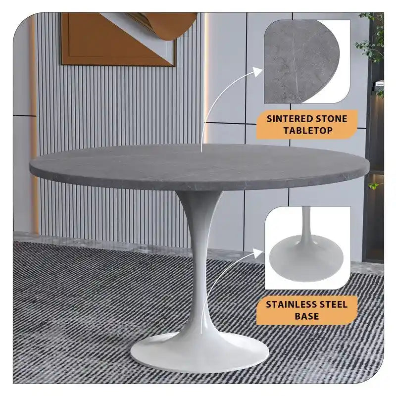 LeisureMod Verve 48  Round Dining Table with Stone TableTop and White Steel Base for Kitchen & Dining Room