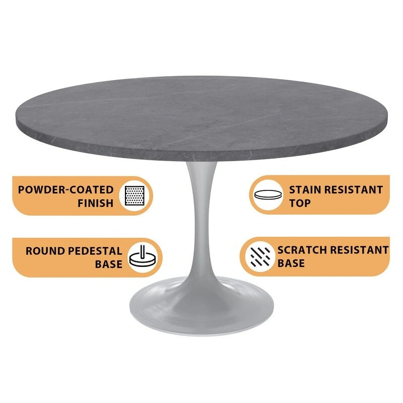 LeisureMod Verve 48  Round Dining Table with Stone TableTop and White Steel Base for Kitchen & Dining Room