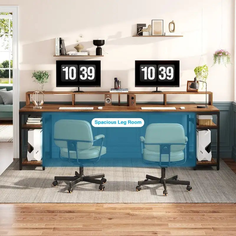 Two Person Desk Long Computer Desk with Monitor Stand and Storage Shelves