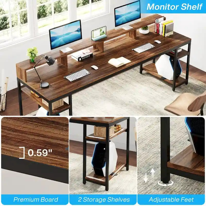 Two Person Desk Long Computer Desk with Monitor Stand and Storage Shelves