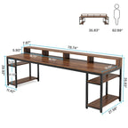 Two Person Desk Long Computer Desk with Monitor Stand and Storage Shelves