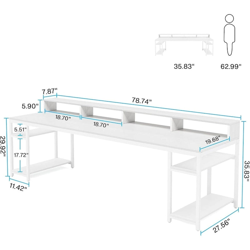 Two Person Desk Long Computer Desk with Monitor Stand and Storage Shelves