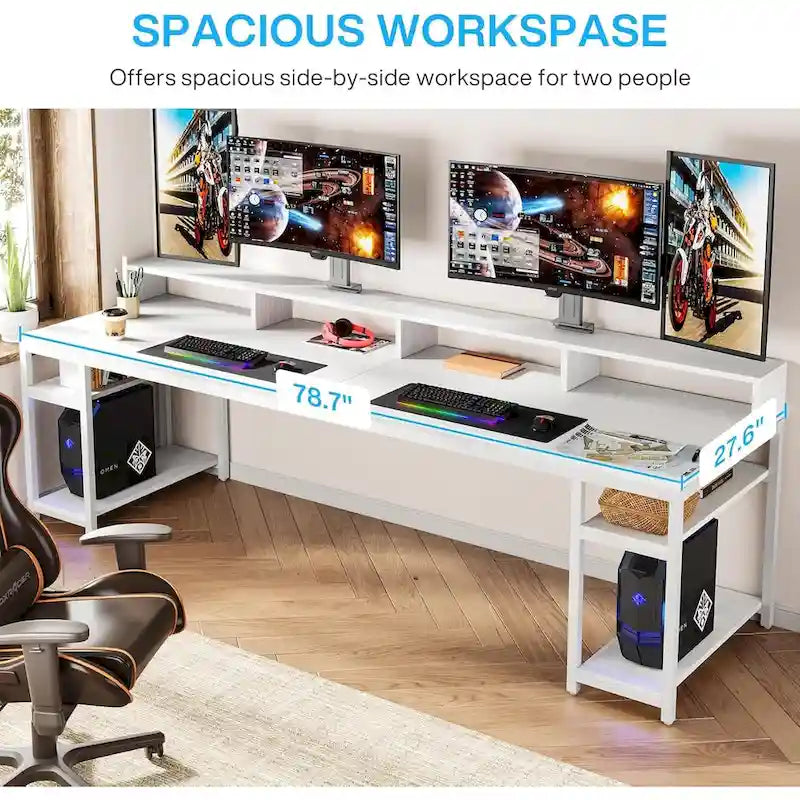 Two Person Desk Long Computer Desk with Monitor Stand and Storage Shelves
