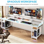 Two Person Desk Long Computer Desk with Monitor Stand and Storage Shelves