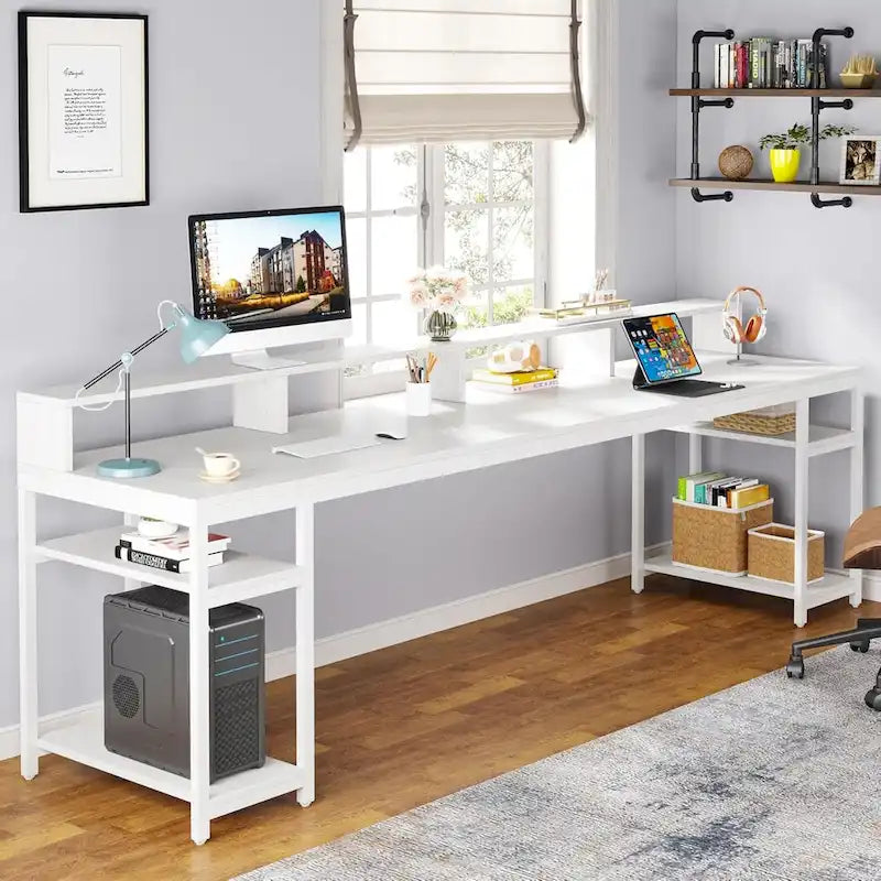 Two Person Desk Long Computer Desk with Monitor Stand and Storage Shelves