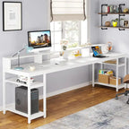 Two Person Desk Long Computer Desk with Monitor Stand and Storage Shelves