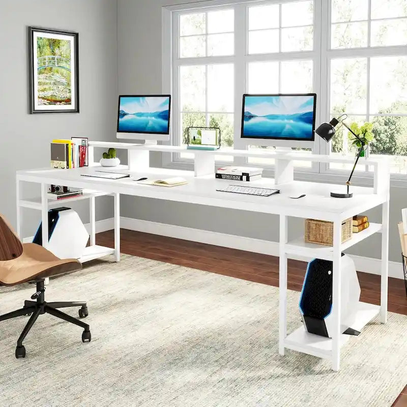 Two Person Desk Long Computer Desk with Monitor Stand and Storage Shelves