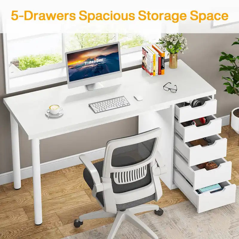 47 inch Computer Wood Desk Office Desks with 5-Drawer, Writing Desk with Metal Frame for Bedroom Study