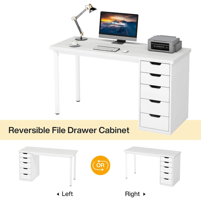 47 inch Computer Wood Desk Office Desks with 5-Drawer, Writing Desk with Metal Frame for Bedroom Study