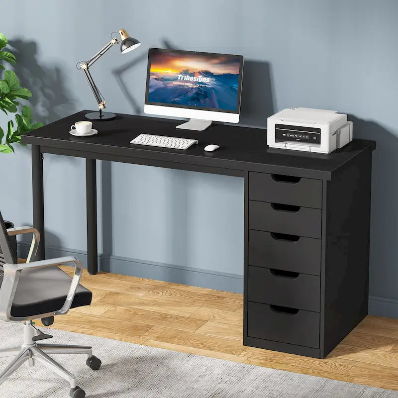 47 inch Computer Wood Desk Office Desks with 5-Drawer, Writing Desk with Metal Frame for Bedroom Study