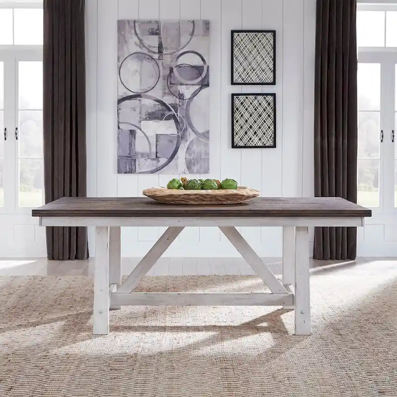 Farmhouse White and Wood Tone 5 Piece Trestle Table Set