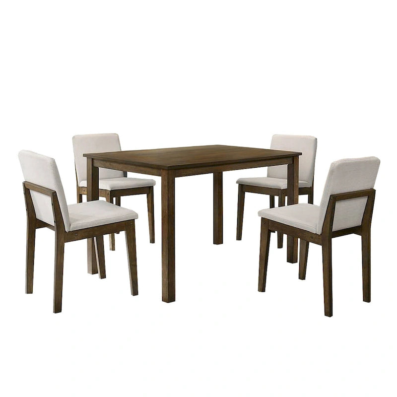 Zory 5pc Dining Table Set, 4 Padded Chairs, Beige Burlap, Brown Wood