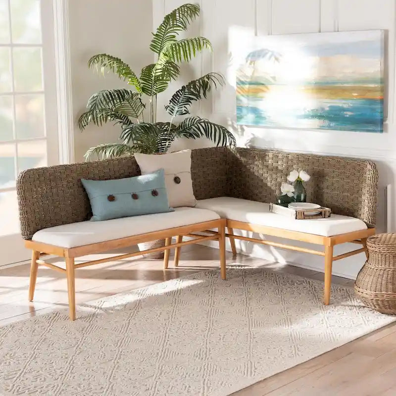Denver Modern Bohemian Natural Seagrass and Acacia Wood 2-Piece Dining Nook Banquette Set