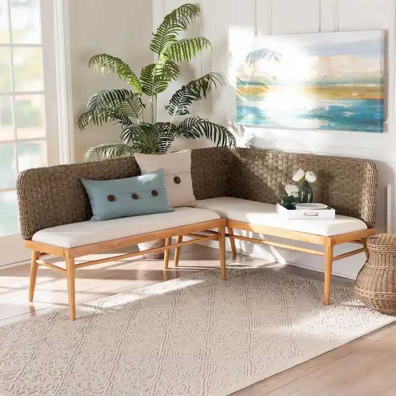 Denver Modern Bohemian Natural Seagrass and Acacia Wood 2-Piece Dining Nook Banquette Set