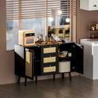 Anmytek Modern Wood Rattan Black Buffet Sideboard Accent Storage Cabinet with 3 Drawers and 2 Doors