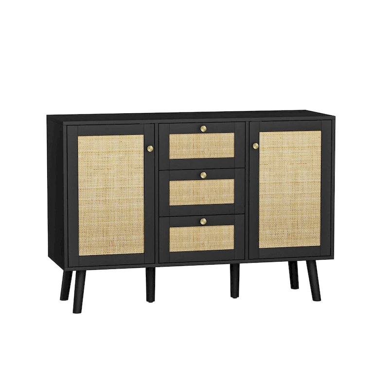 Anmytek Modern Wood Rattan Black Buffet Sideboard Accent Storage Cabinet with 3 Drawers and 2 Doors