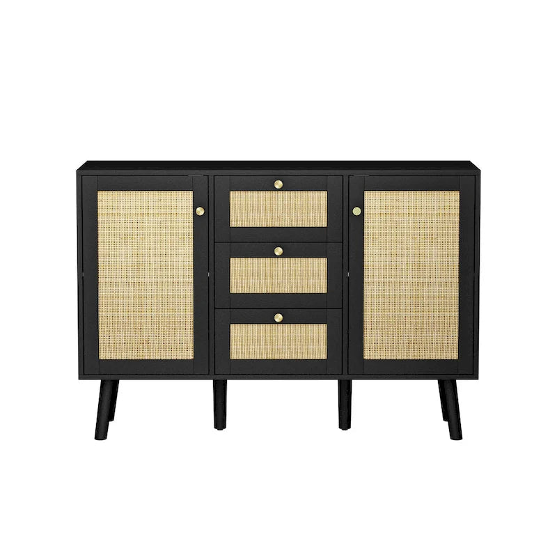 Anmytek Modern Wood Rattan Black Buffet Sideboard Accent Storage Cabinet with 3 Drawers and 2 Doors